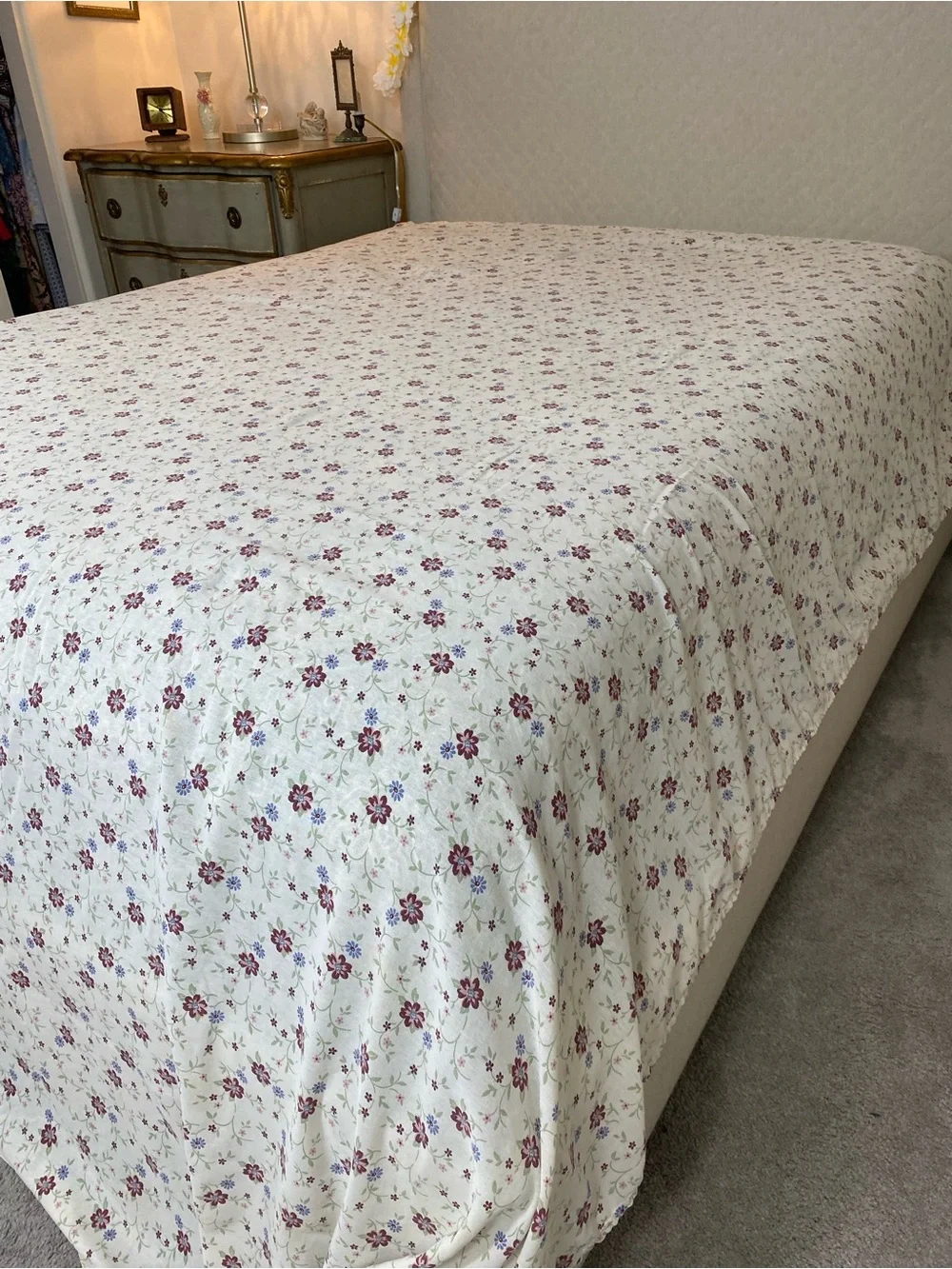 Ivory Floral Cotton Flat Sheet with Burgundy & Blue Blooms 70s Cottagecore